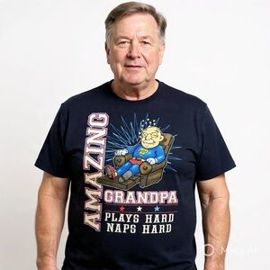 Amazing Grandpa Plays Hard Naps Hard Graphic Tee Navy L Cartoon Shirt